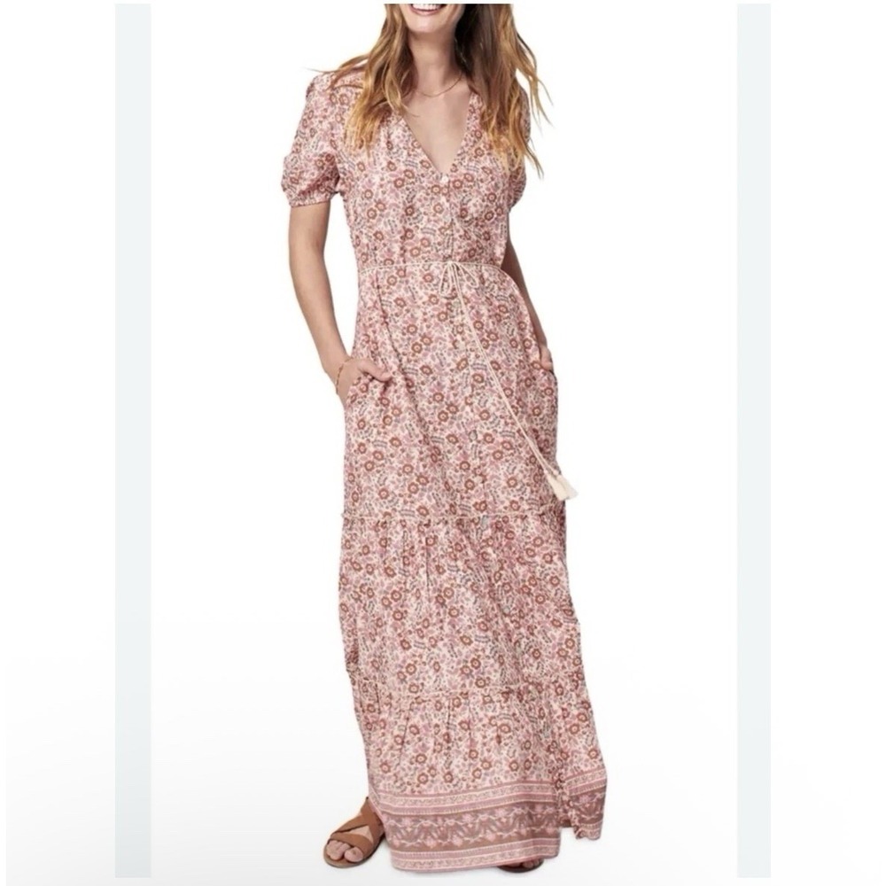 Faherty Orinda Maxi Dress L Pink Floral Block Print Puff Sleeve Organic Cotton